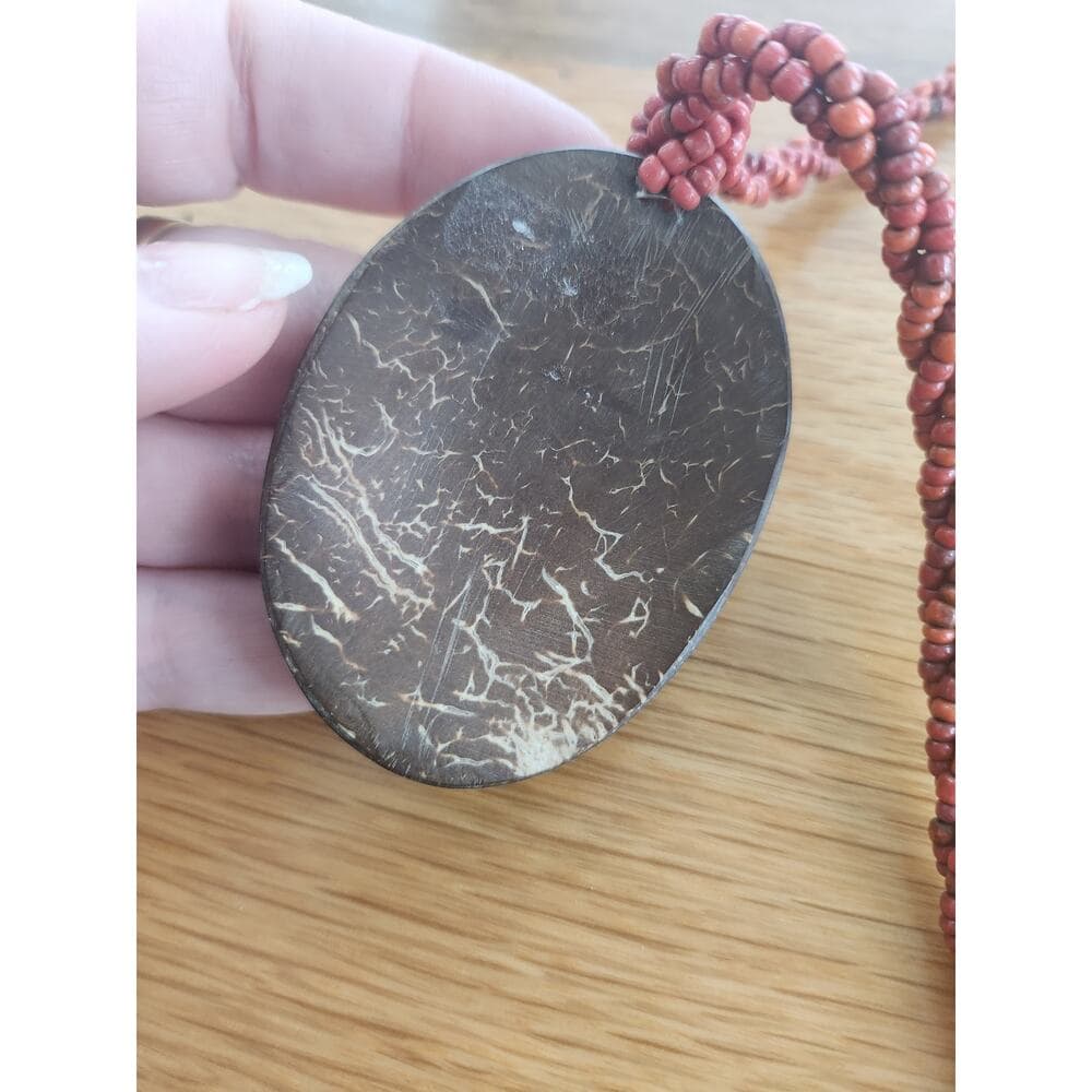 Vintage necklace peacock shell statement pendant twisted beaded strands - Thumbnail 2