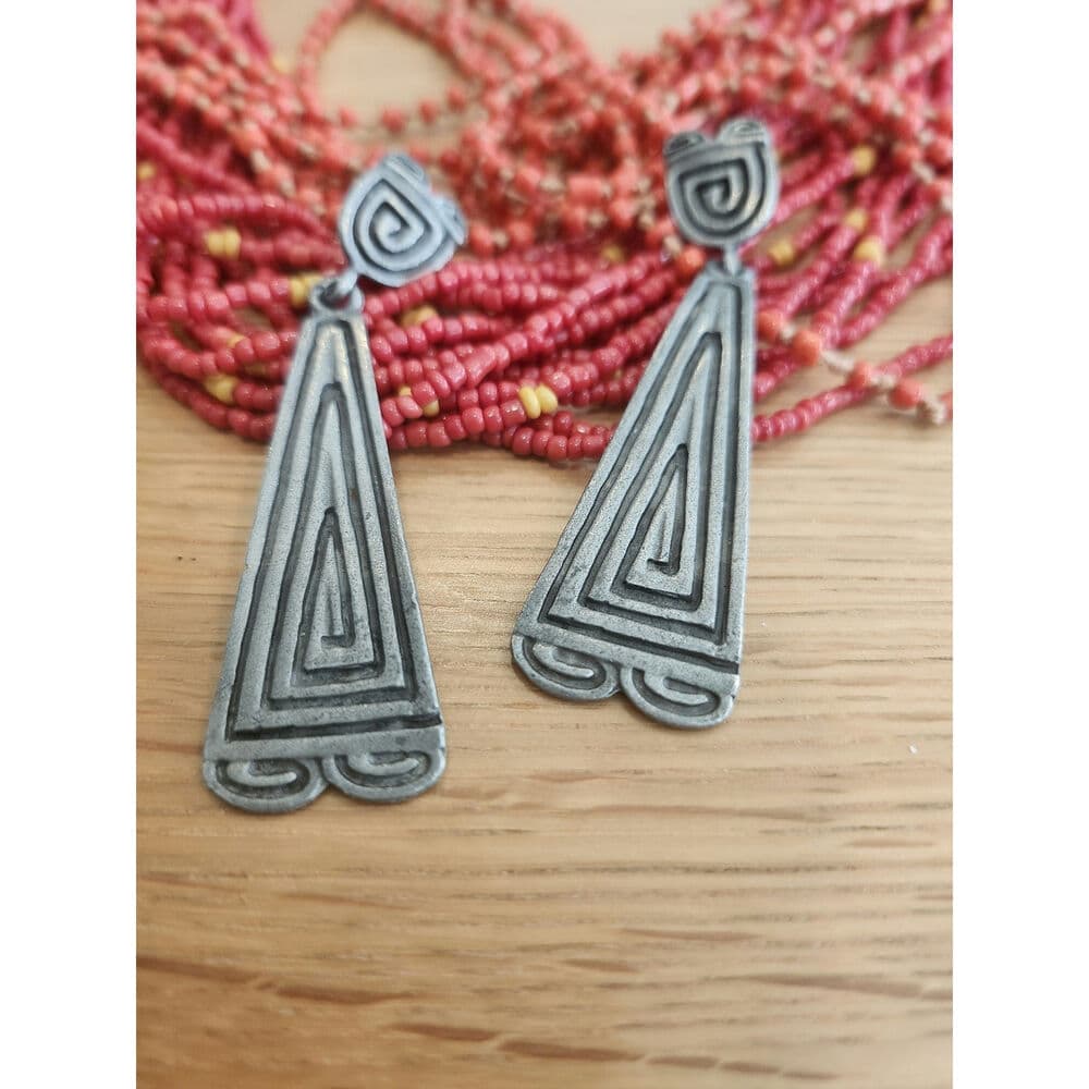 Tribal Style Made is USA Stamped Dangle Earrings Silver Tone Metal - Thumbnail 7