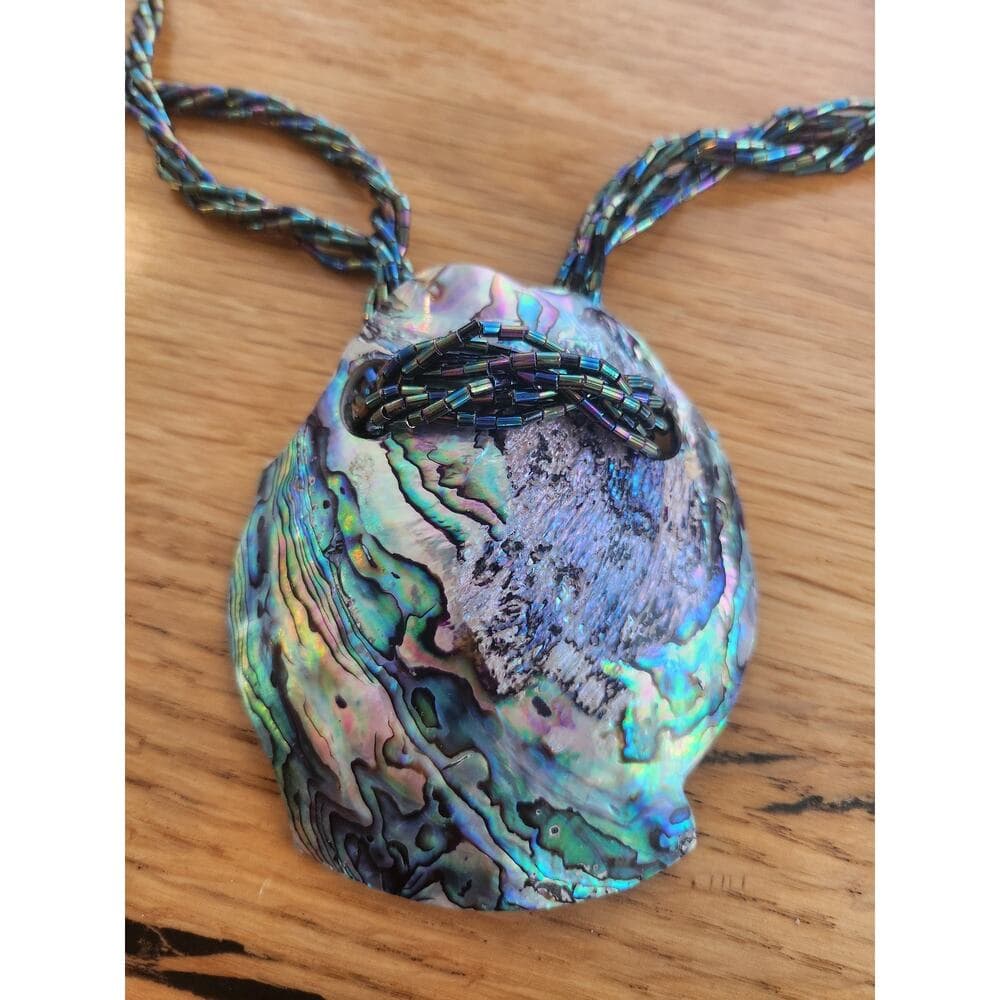 Vintage necklace peacock shell statement pendant twisted beaded strands