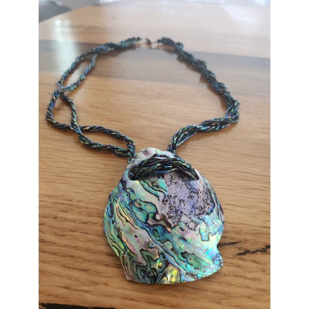 Vintage necklace peacock shell statement pendant twisted beaded strands - Thumbnail 10