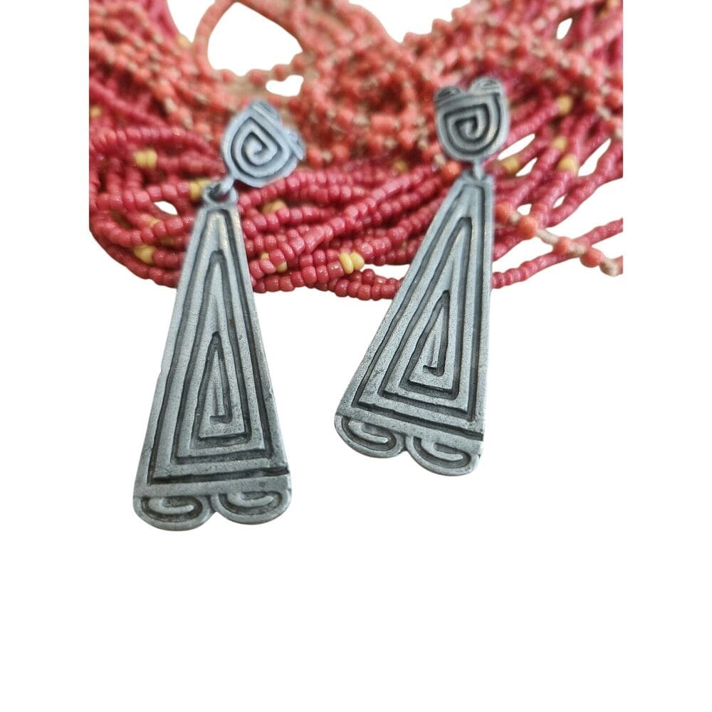 Tribal Style Made is USA Stamped Dangle Earrings Silver Tone Metal - Thumbnail 6