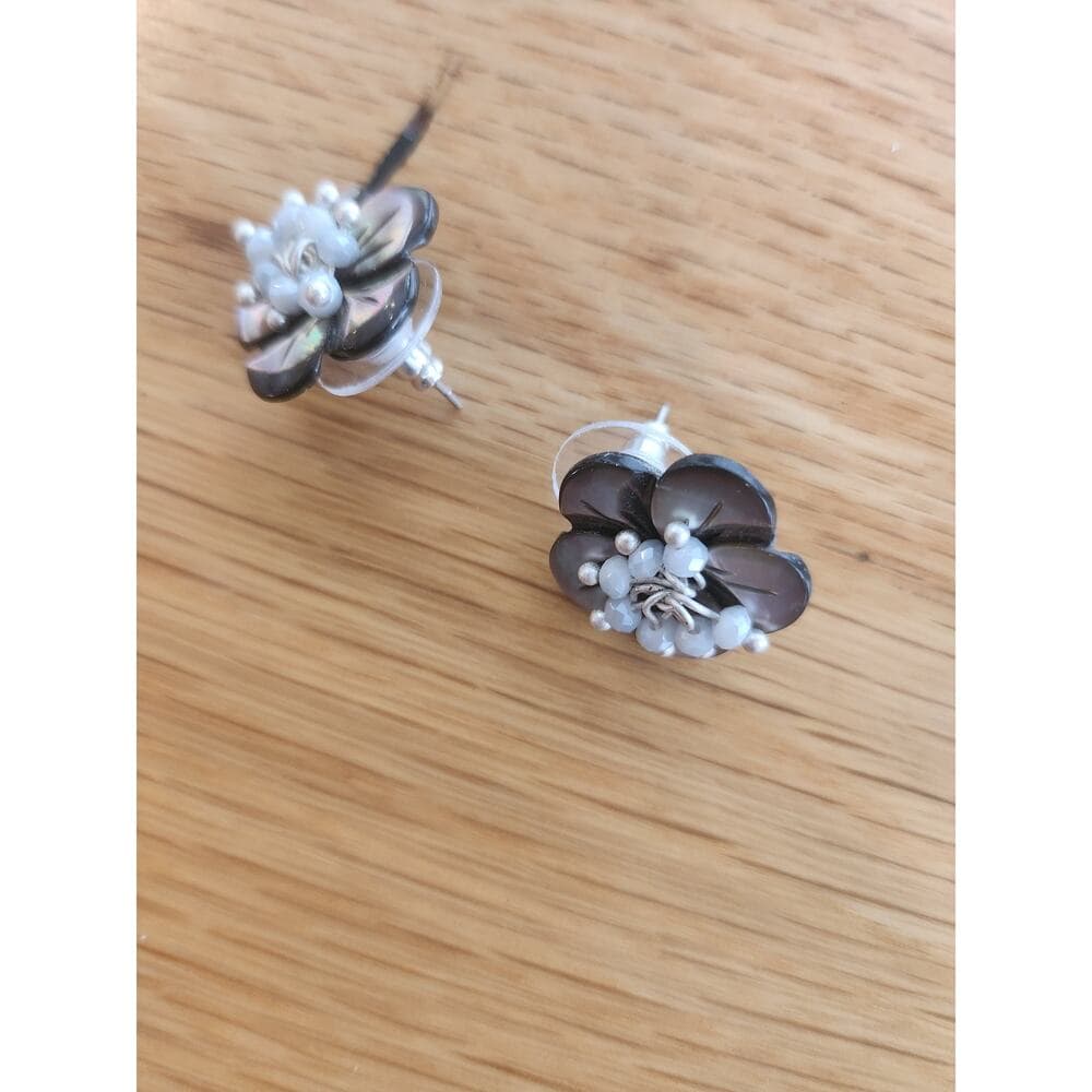 Abalone shell flower post back earrings with beaded dangle center - Thumbnail 3