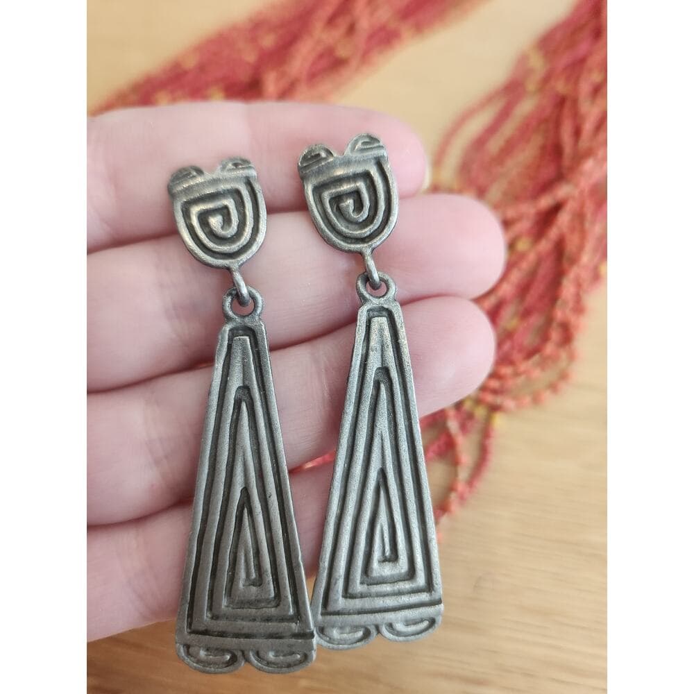 Tribal Style Made is USA Stamped Dangle Earrings Silver Tone Metal - Thumbnail 2