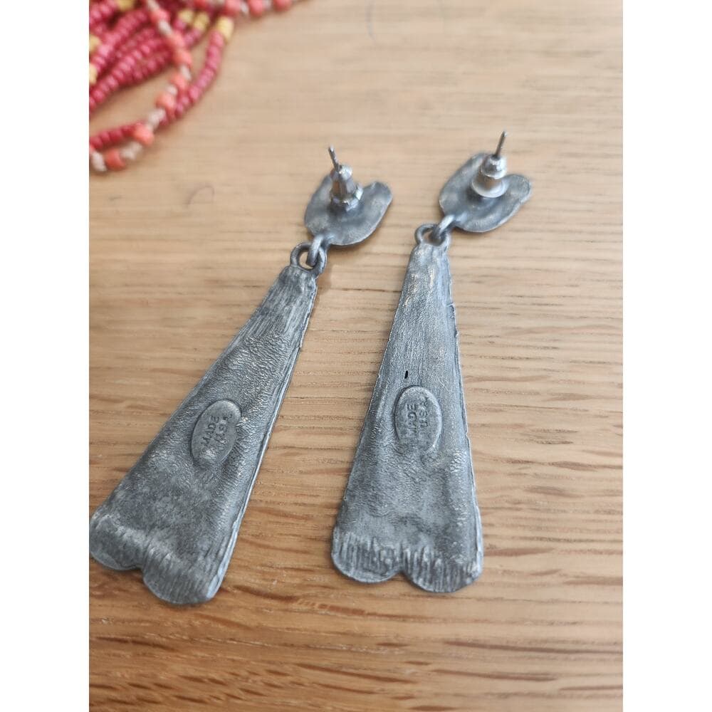 Tribal Style Made is USA Stamped Dangle Earrings Silver Tone Metal - Thumbnail 5