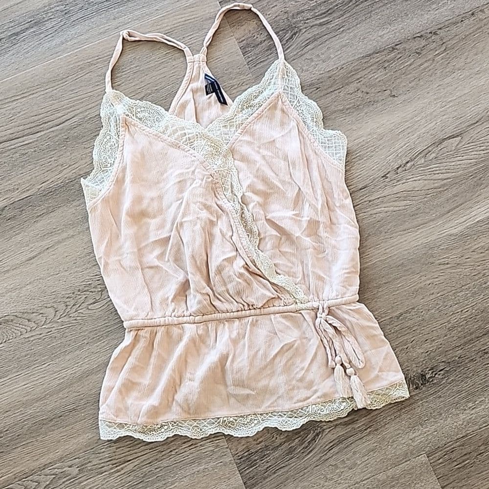 Pink Lace American Eagle Racer Back Tank Peplum with Draw String Tassle - Thumbnail 10