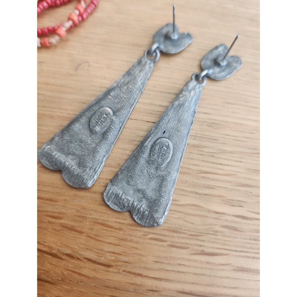 Tribal Style Made is USA Stamped Dangle Earrings Silver Tone Metal - Thumbnail 3