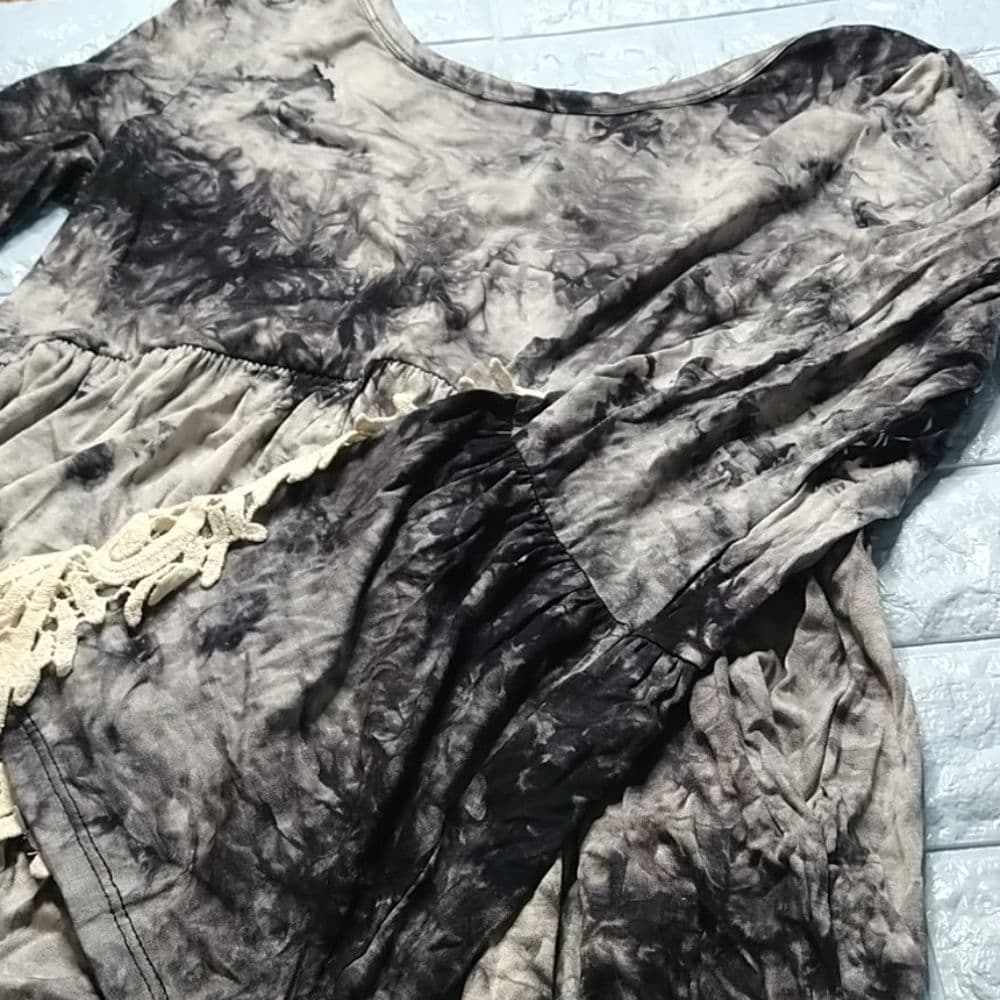 Black Tie-dye Lace Detail Top Long Flare Sleeve Cross Back Tunic - Thumbnail 7
