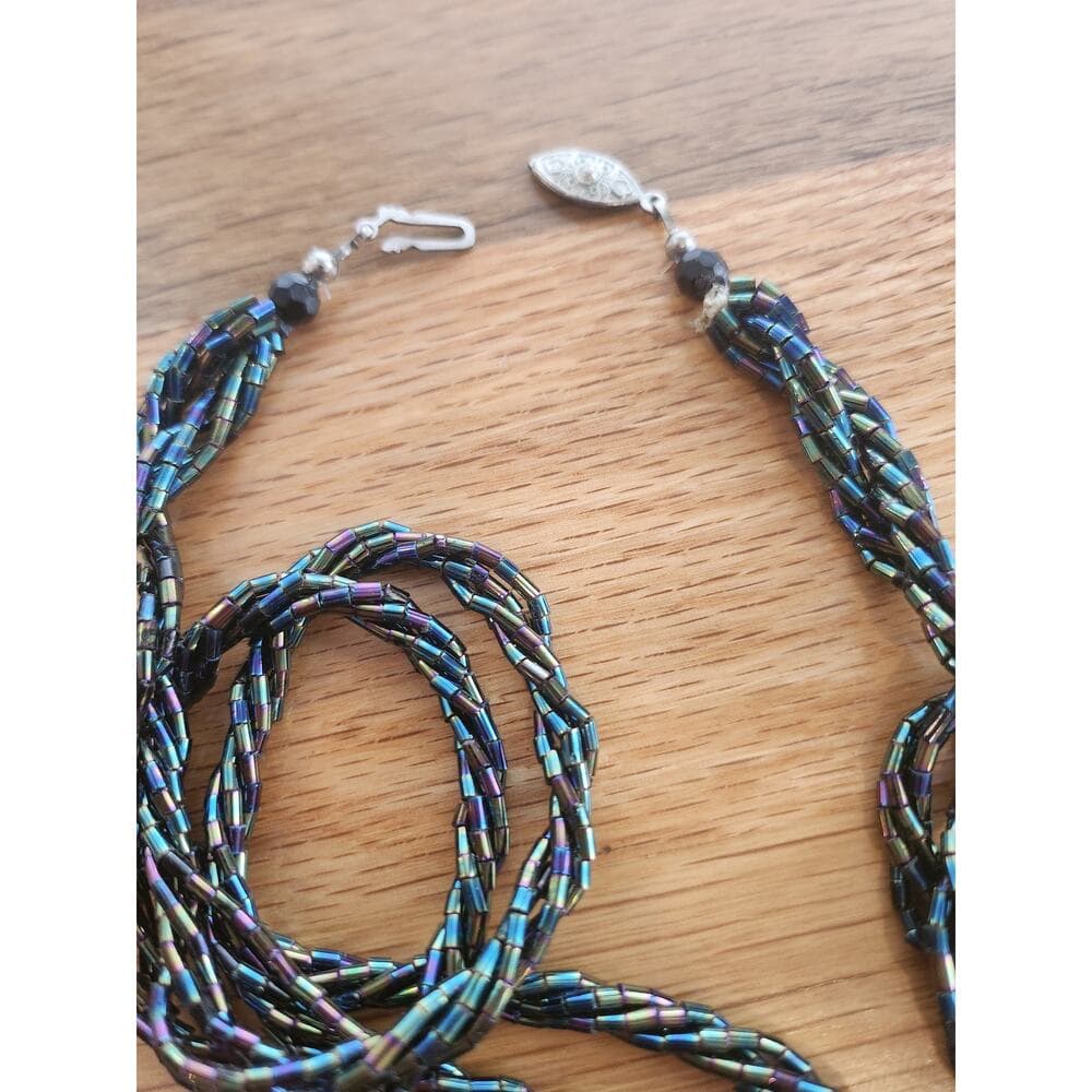Vintage necklace peacock shell statement pendant twisted beaded strands - Thumbnail 7