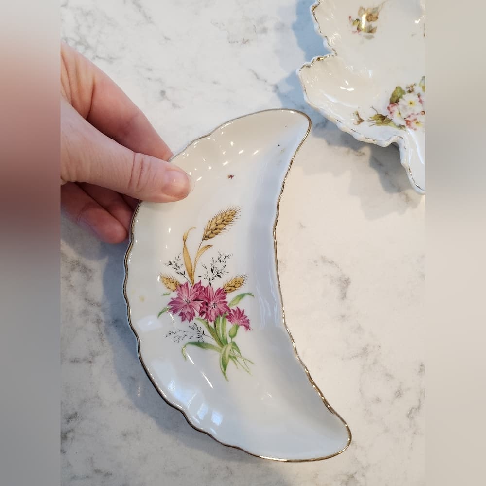 Two Misc Floral Vintage Leaf and Moon Plate Dishes for Trinkets