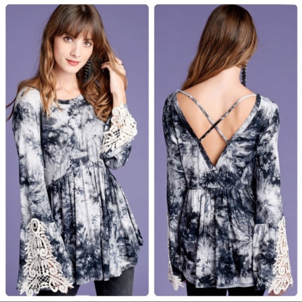 Black Tie-dye Lace Detail Top Long Flare Sleeve Cross Back Tunic - Thumbnail 10