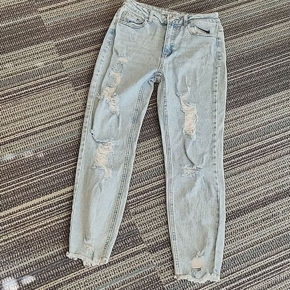 Tinseltown Light Wash Distressed Skinny Jeans Raw Hem Cropped - Thumbnail 9
