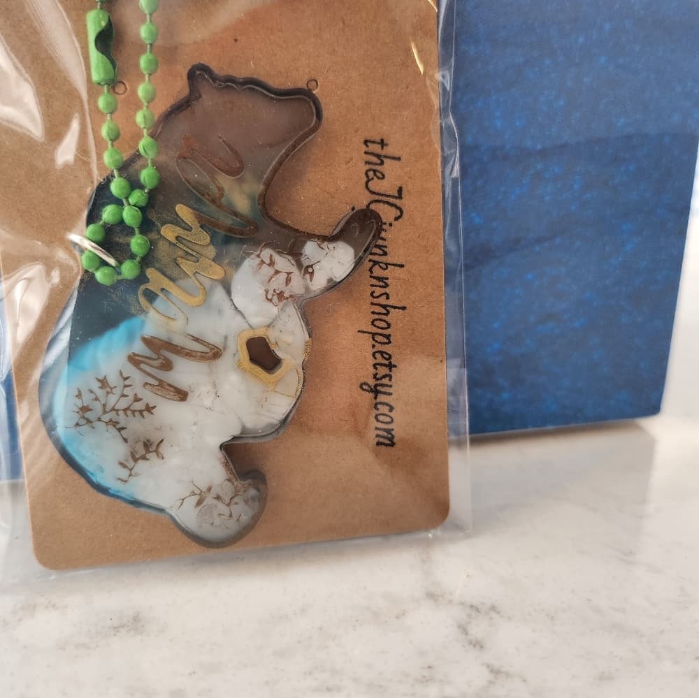 Handmade Resin Mama Bear Keychain Gold Metalic and Tie Dye Effect
