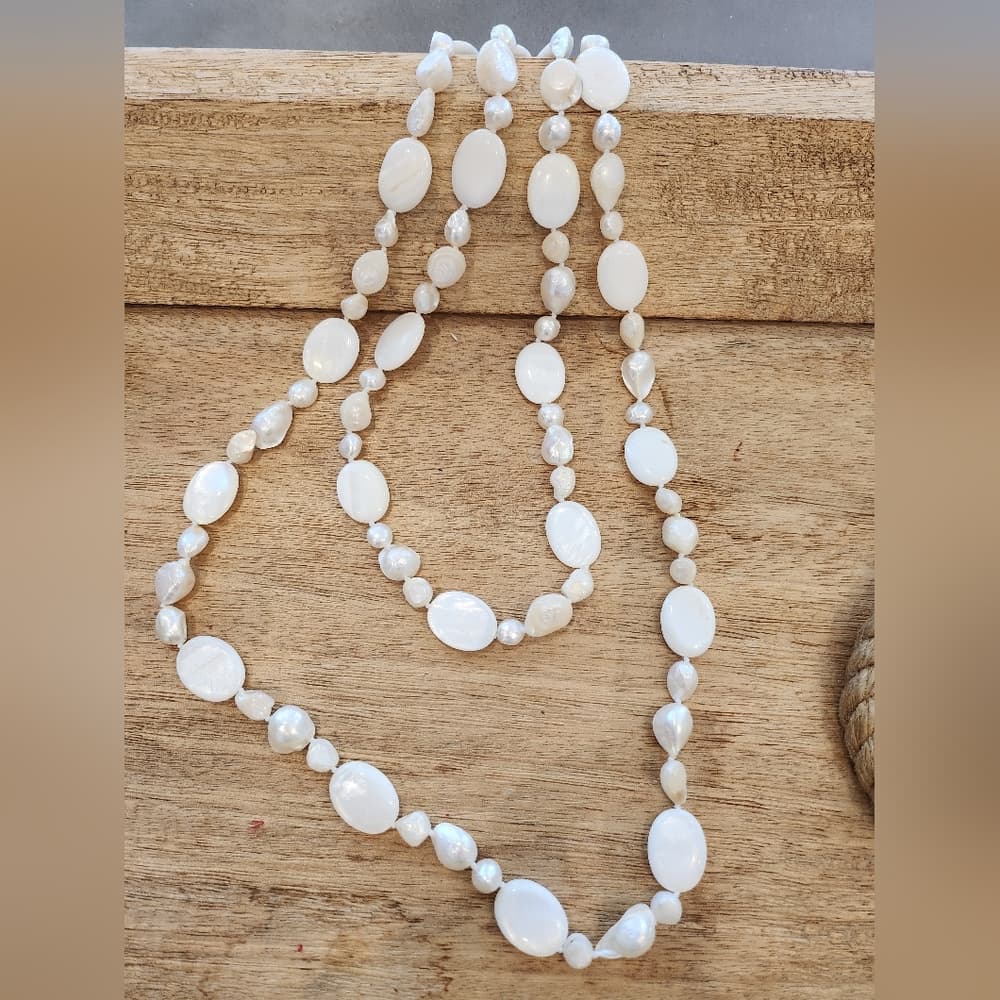 Gorgeous High Luster White Mother Of Pearl Long Beaded Necklace