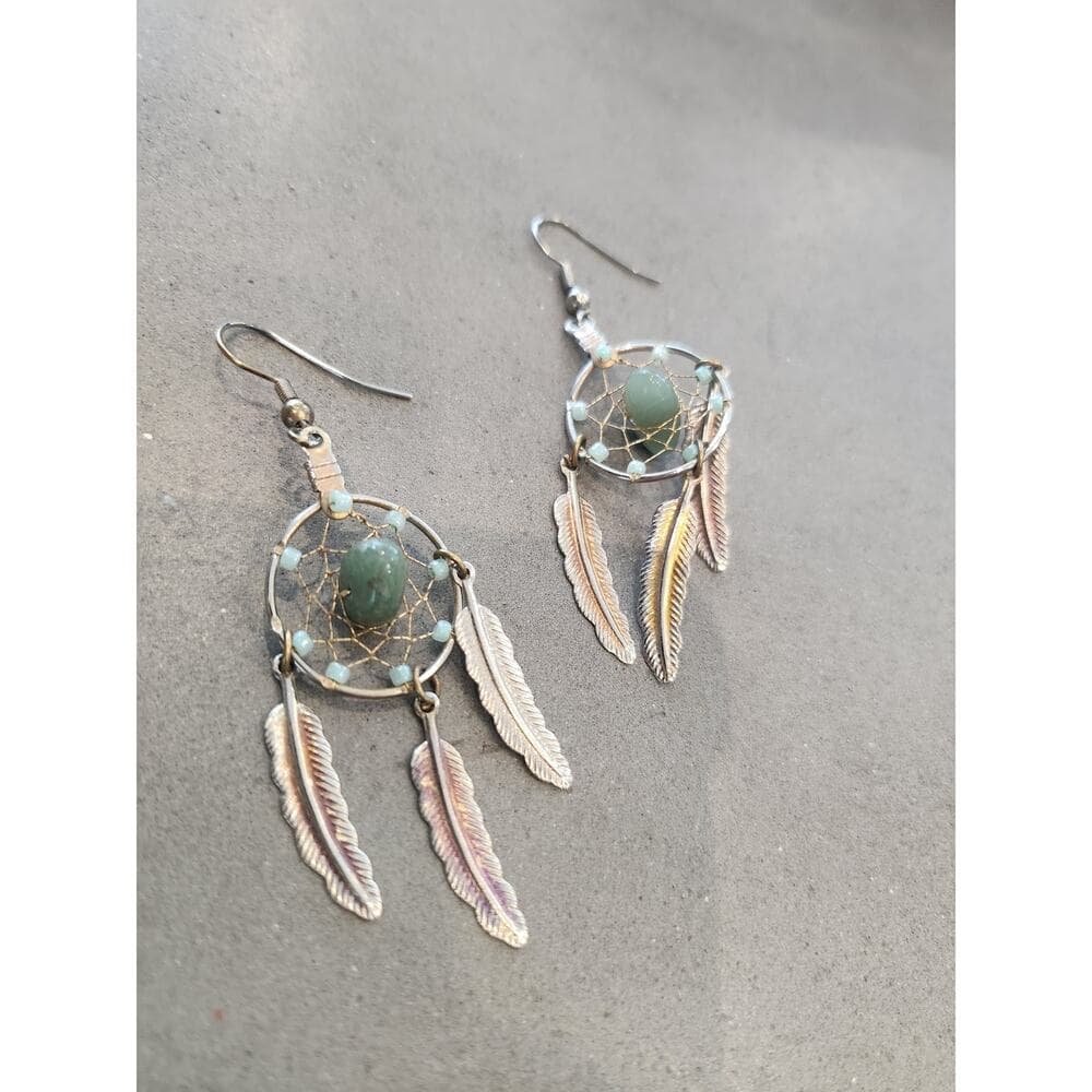 Wire Beaded Dream Catcher Earrings with Gem Stone Center Dangle Feathers - Thumbnail 6