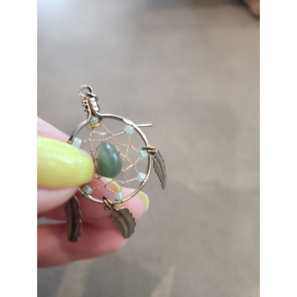 Wire Beaded Dream Catcher Earrings with Gem Stone Center Dangle Feathers - Thumbnail 5