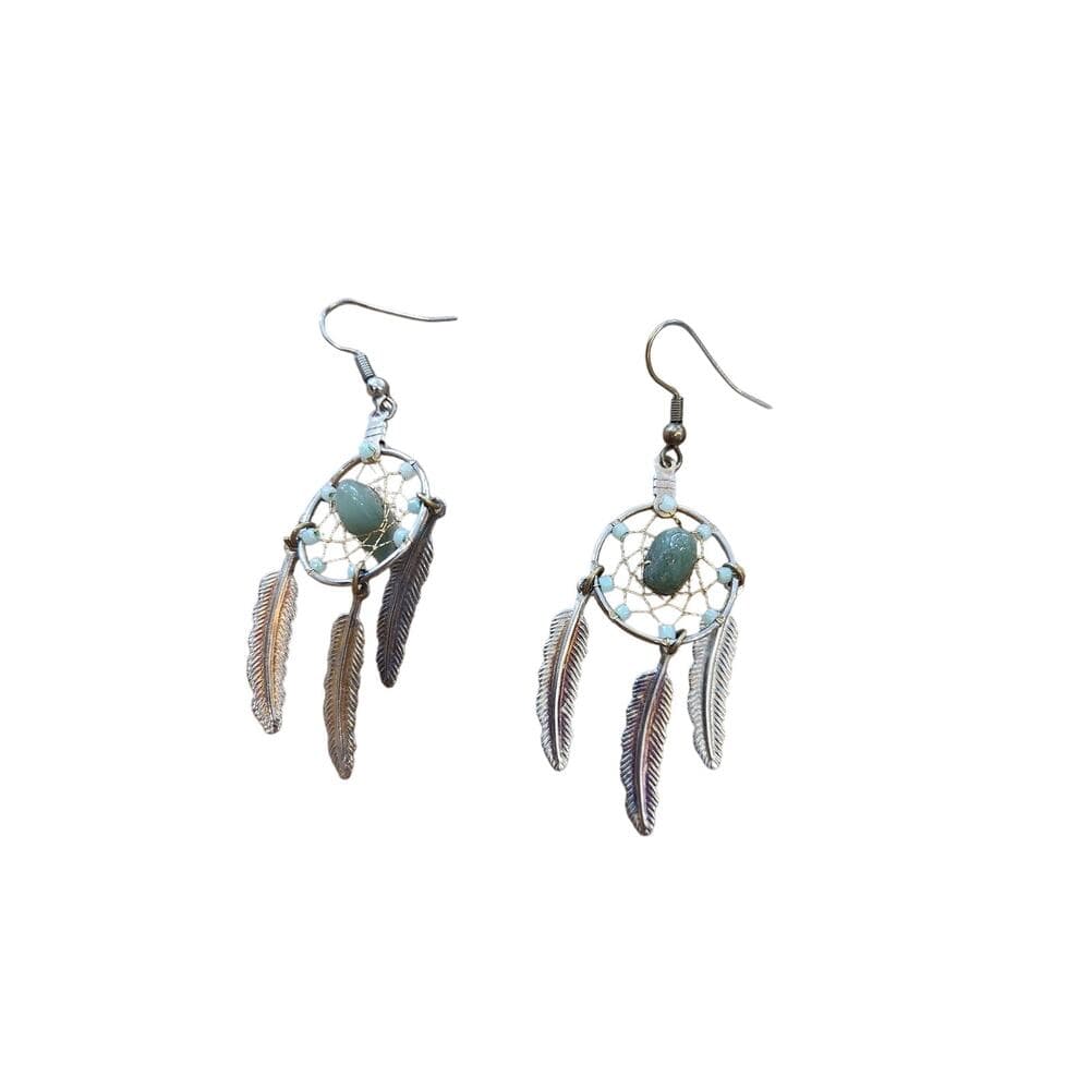 Wire Beaded Dream Catcher Earrings with Gem Stone Center Dangle Feathers