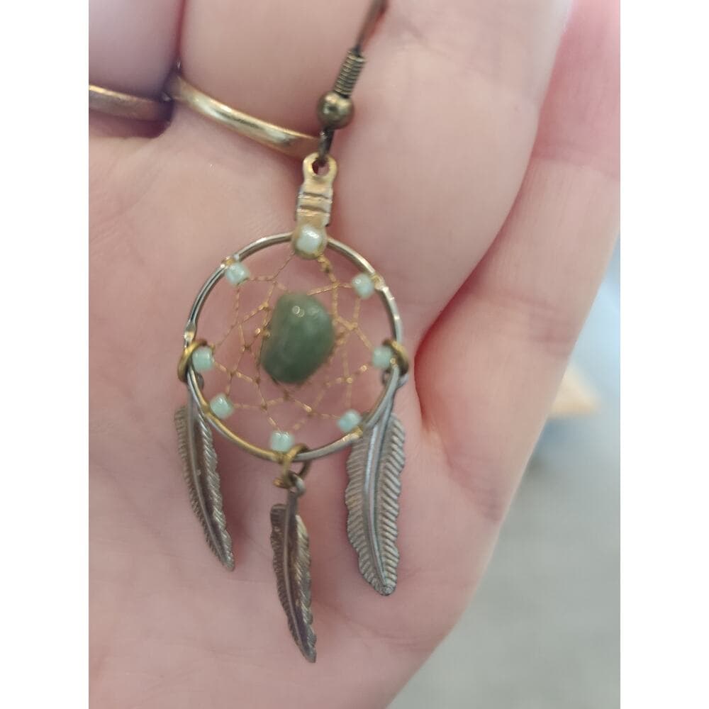 Wire Beaded Dream Catcher Earrings with Gem Stone Center Dangle Feathers - Thumbnail 3