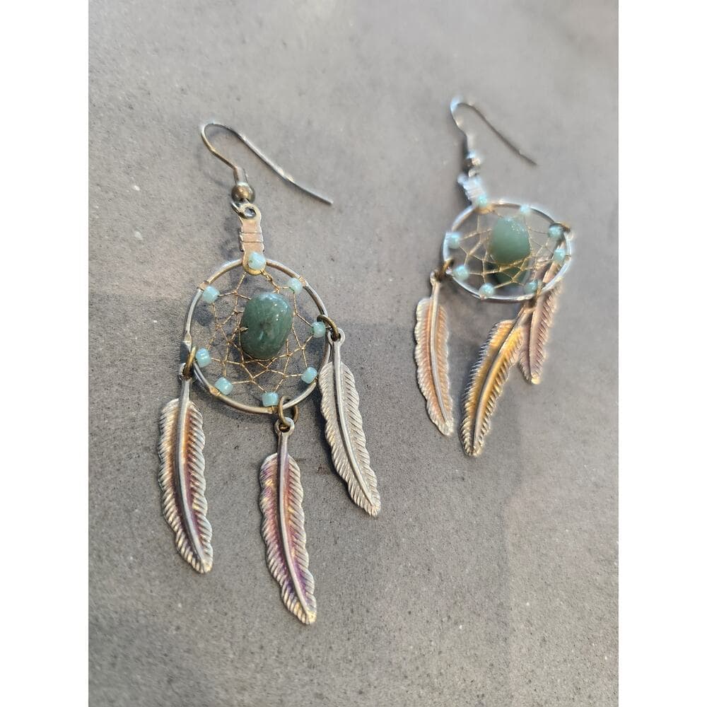 Wire Beaded Dream Catcher Earrings with Gem Stone Center Dangle Feathers - Thumbnail 2