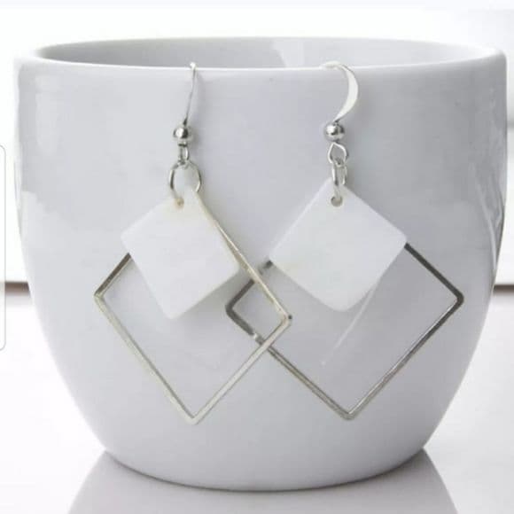 Unique Silver & Shell Double Square Drop Earrings - Thumbnail 6