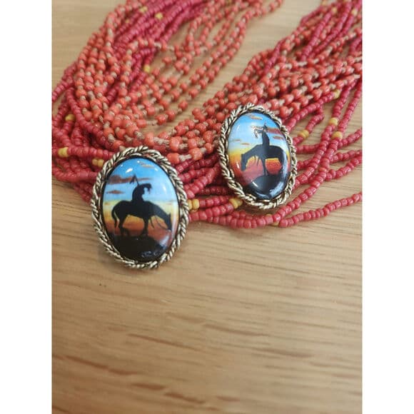 Chunky Western Horseback sunset Colorful Oval Stud Back Earrings - Thumbnail 7