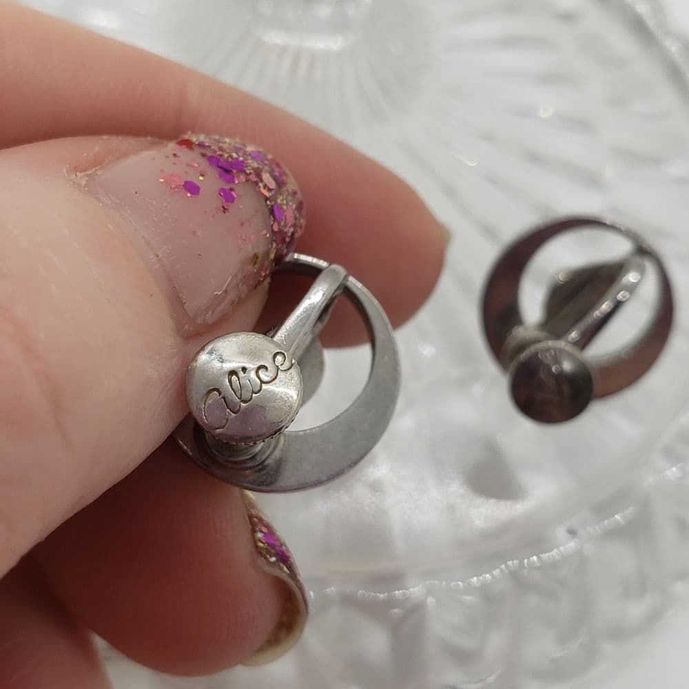 Vintage Alice 🥰 Silver Tone Round Screw Back Earrings - Thumbnail 4