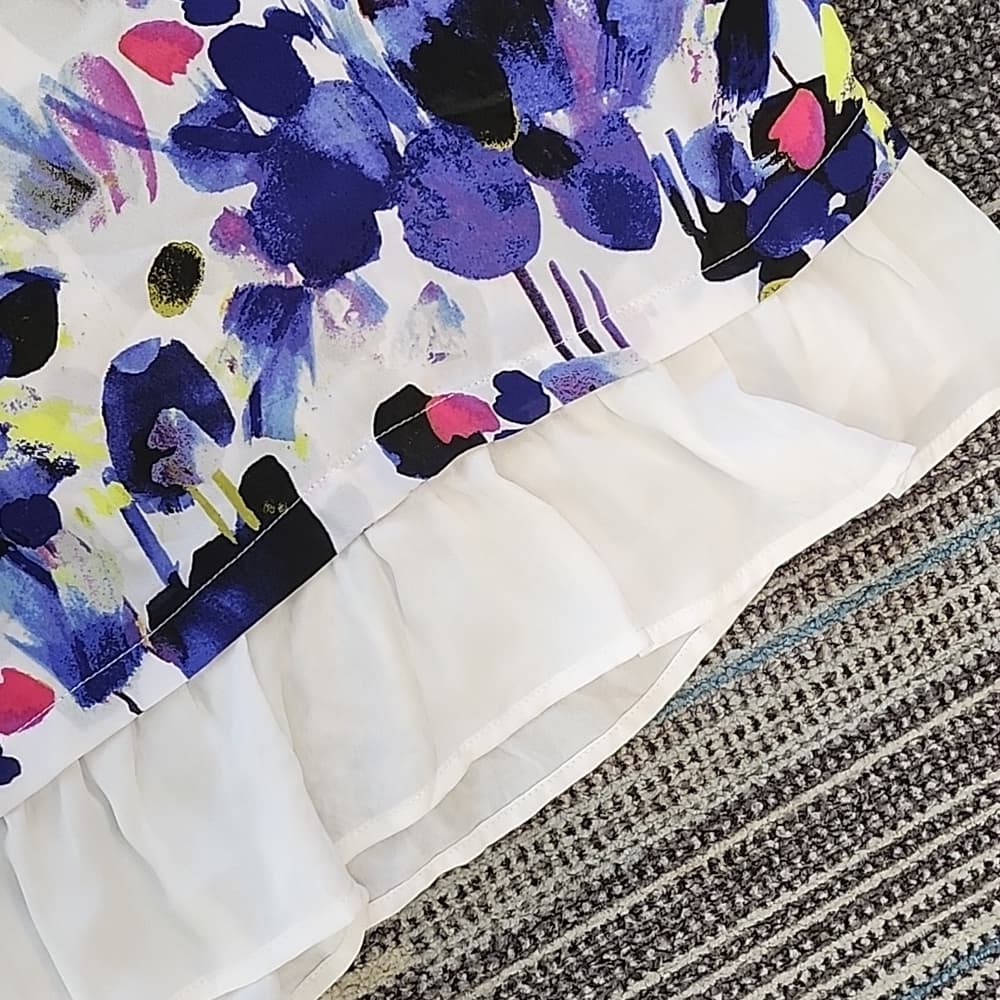 Kensie Blue and Pink Floral Abstract Ivory Ruffle Blouse - Thumbnail 3