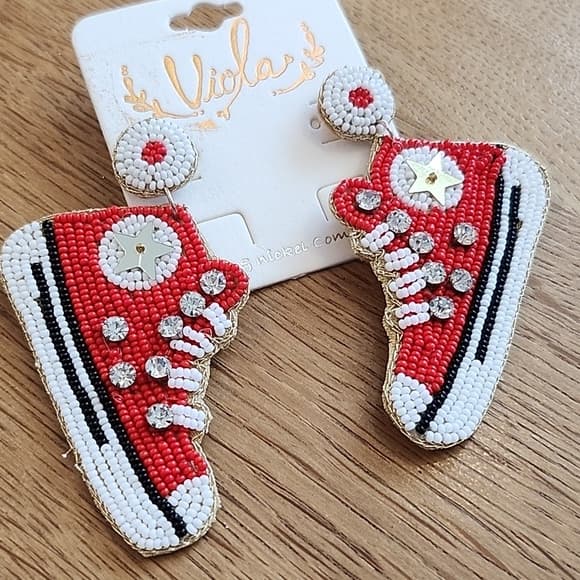 Super Cute Oversized High Top All Star Shoes Seed Beaded Drop Stud Earrings - Thumbnail 13