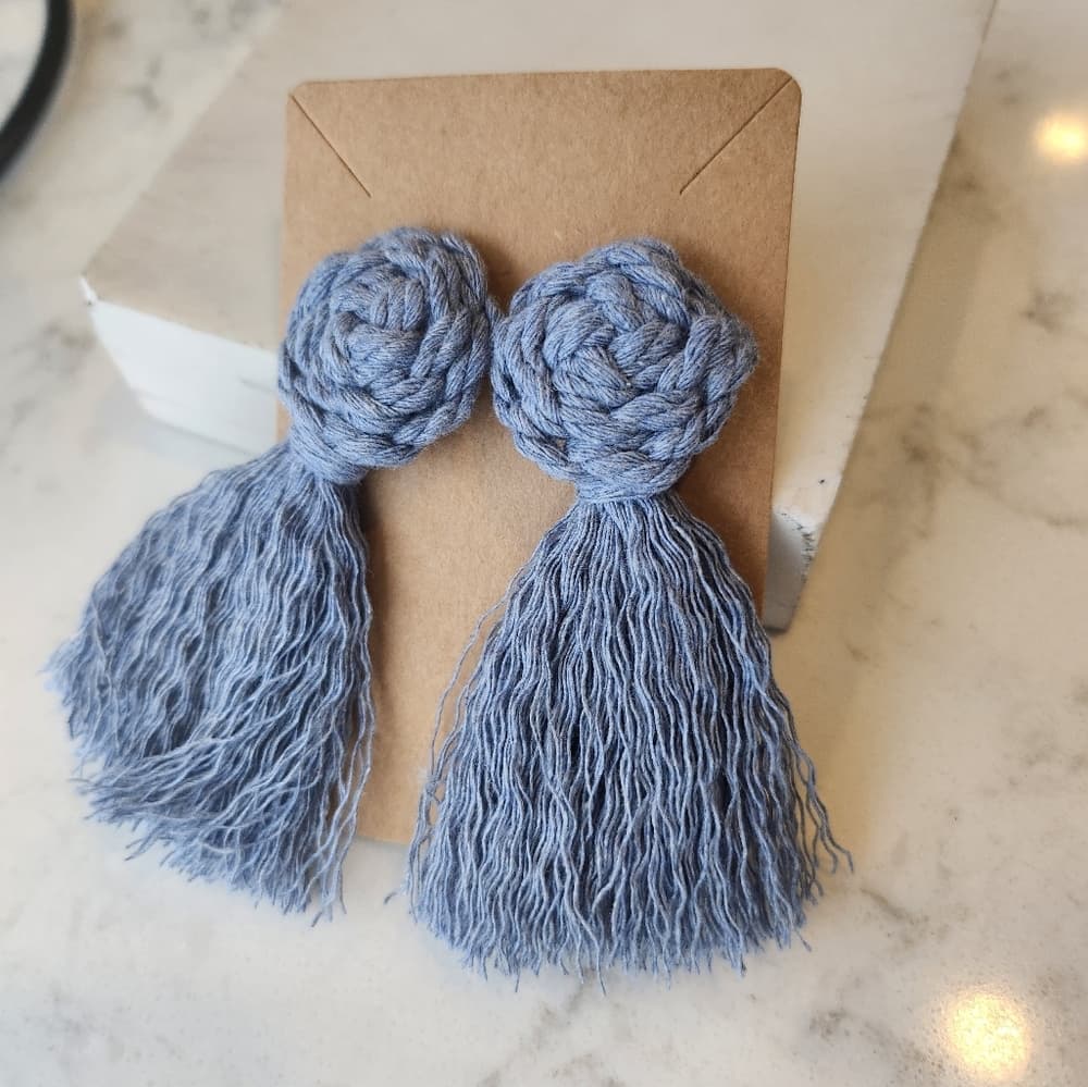 Handmade Macrame Pinwheel and Fringe Statement Tassel Earrings in Soft Blue - Thumbnail 4