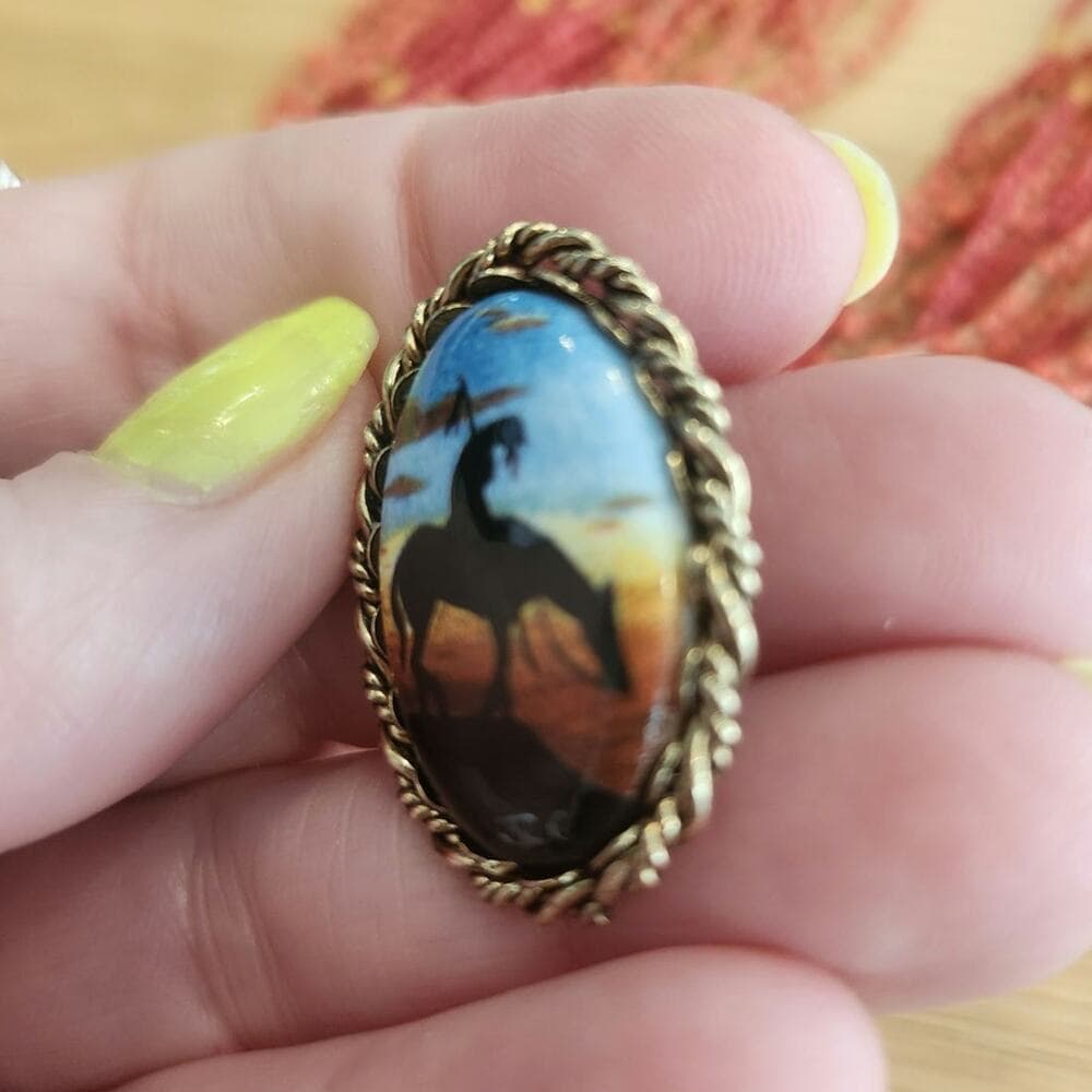Chunky Western Horseback sunset Colorful Oval Stud Back Earrings - Thumbnail 3