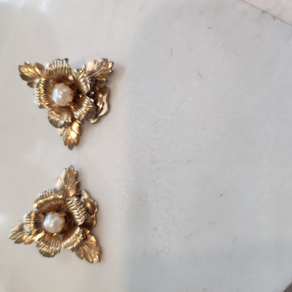 Gold and White Leaf Textured Floral Clip On Earrings with Pearl Center