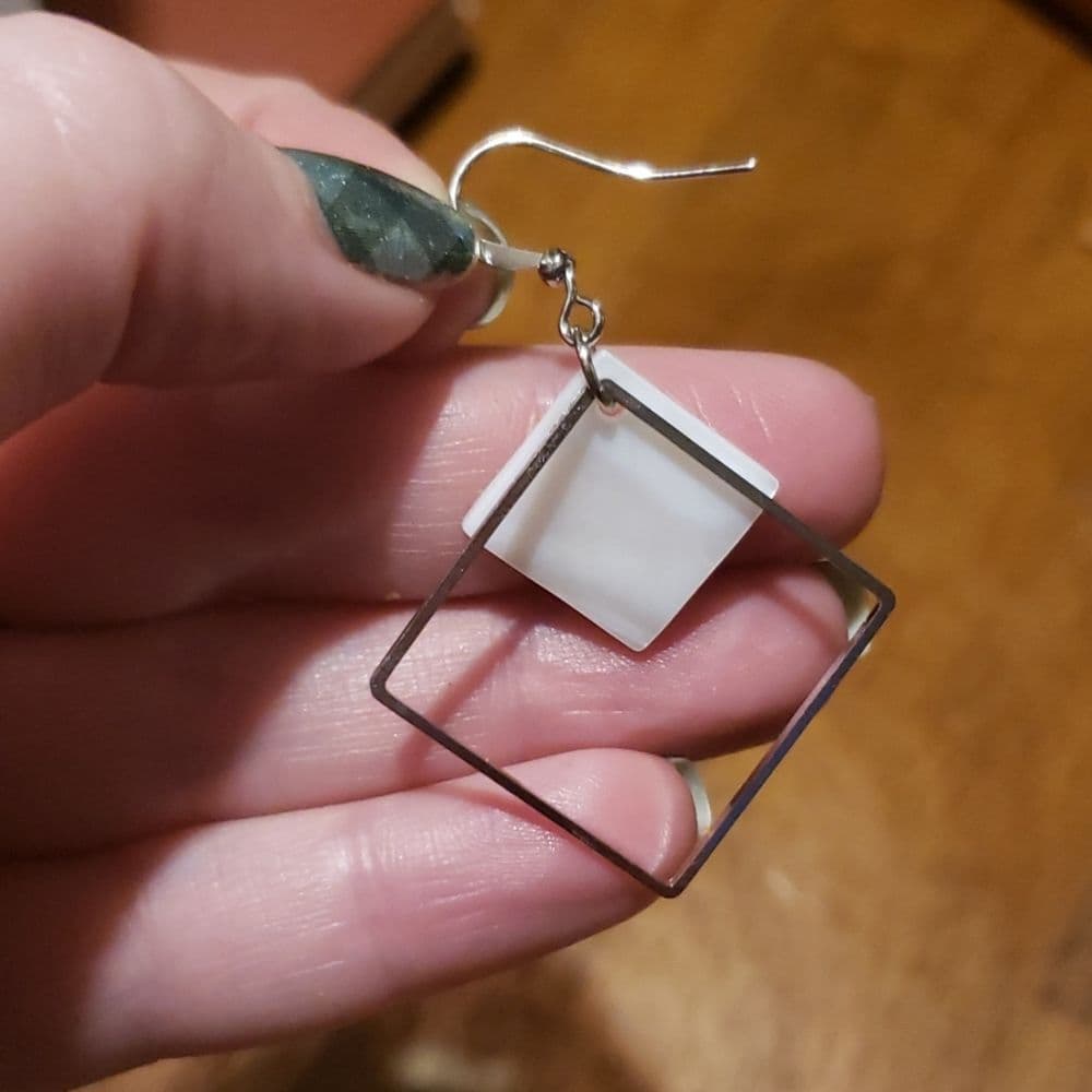 Unique Silver & Shell Double Square Drop Earrings - Thumbnail 2