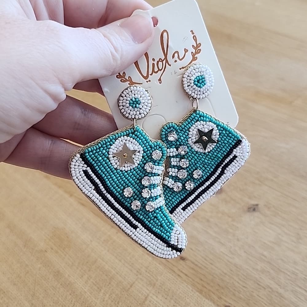 Super Cute Oversized High Top All Star Shoes Seed Beaded Drop Stud Earrings - Thumbnail 11