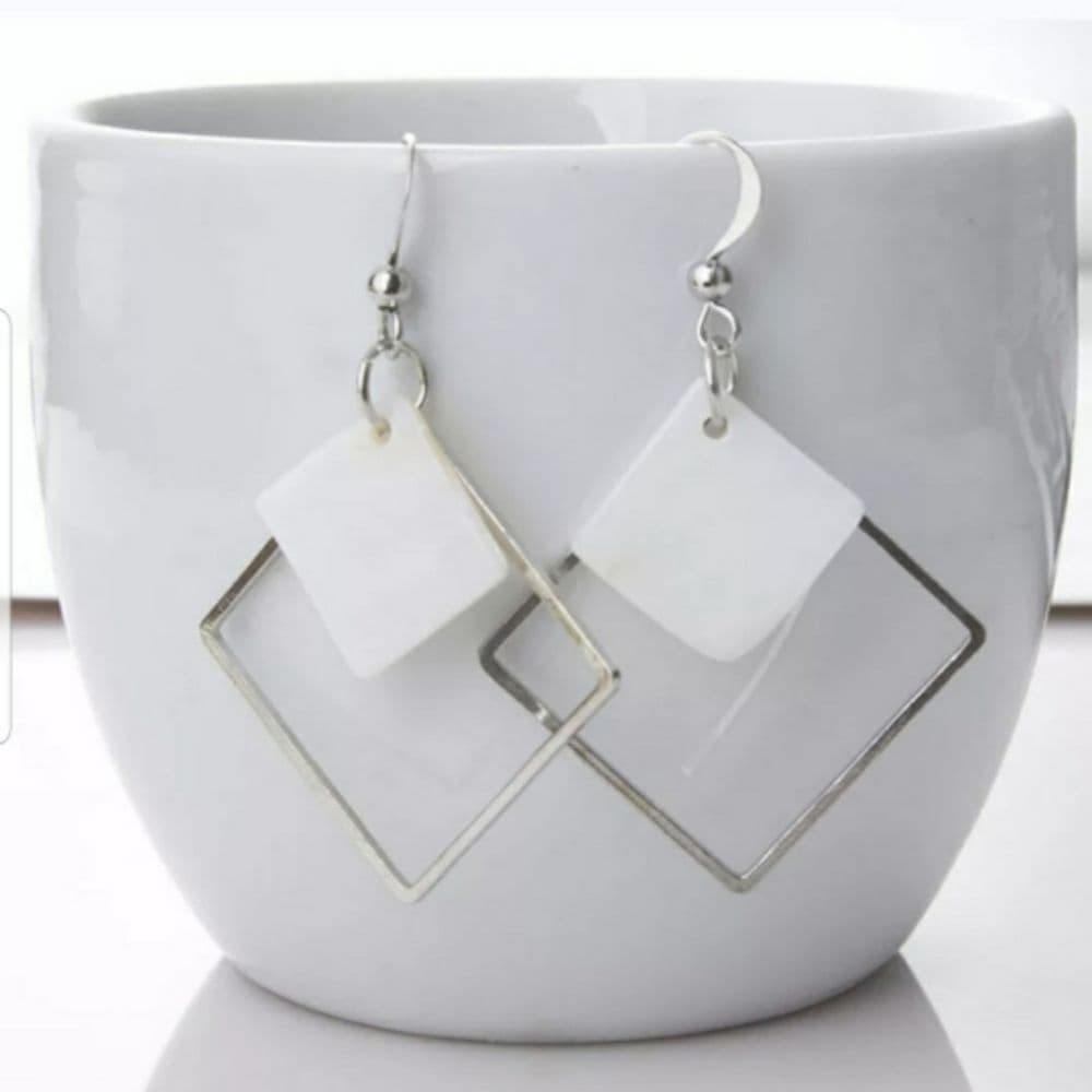 Unique Silver & Shell Double Square Drop Earrings - Thumbnail 5