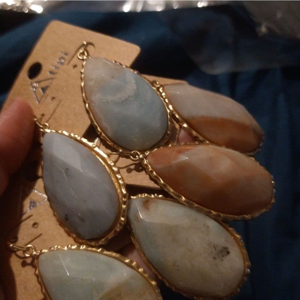 Large Chunky Gold Tone Faceted Natural Stone Earrings - Thumbnail 6
