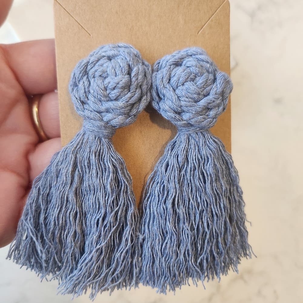 Handmade Macrame Pinwheel and Fringe Statement Tassel Earrings in Soft Blue - Thumbnail 5