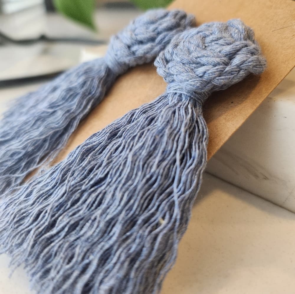 Handmade Macrame Pinwheel and Fringe Statement Tassel Earrings in Soft Blue - Thumbnail 3