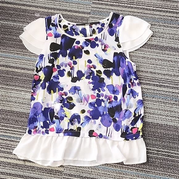 Kensie Blue and Pink Floral Abstract Ivory Ruffle Blouse - Thumbnail 6