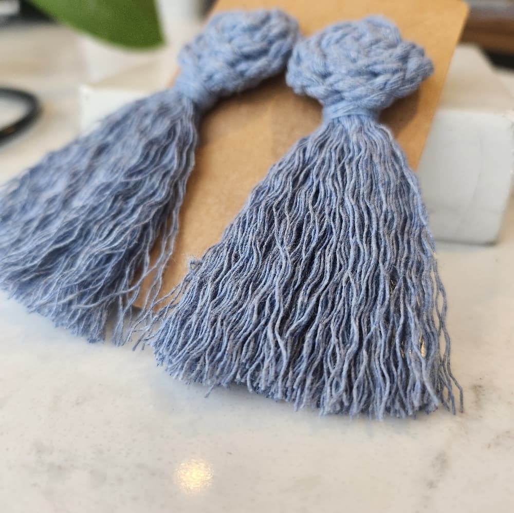 Handmade Macrame Pinwheel and Fringe Statement Tassel Earrings in Soft Blue - Thumbnail 2