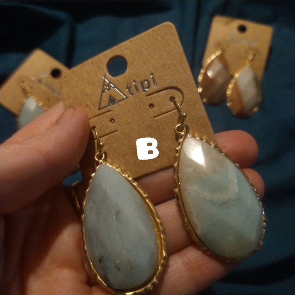 Large Chunky Gold Tone Faceted Natural Stone Earrings - Thumbnail 3