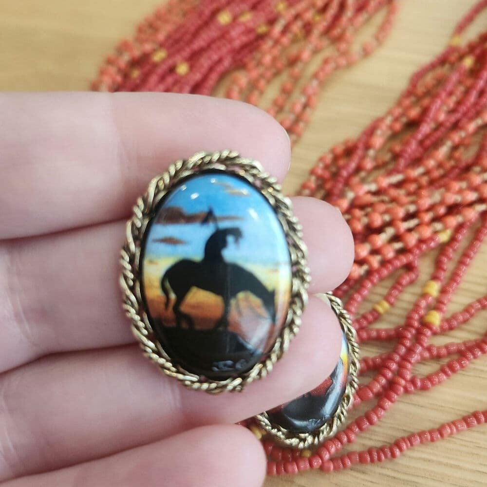 Chunky Western Horseback sunset Colorful Oval Stud Back Earrings - Thumbnail 2