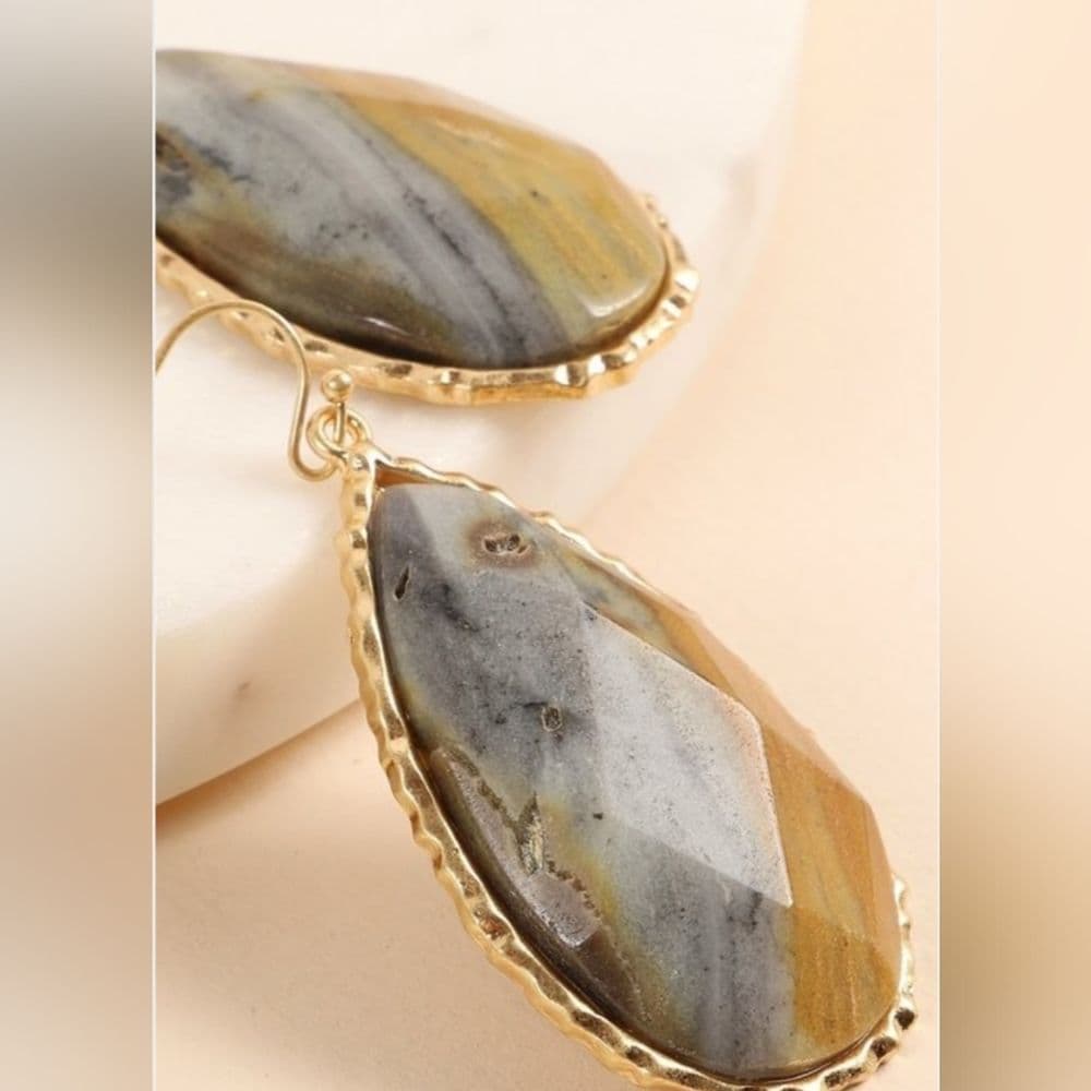 Large Chunky Gold Tone Faceted Natural Stone Earrings - Thumbnail 7