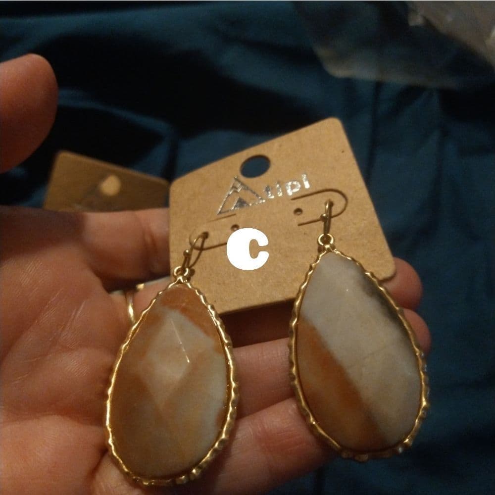 Large Chunky Gold Tone Faceted Natural Stone Earrings - Thumbnail 4