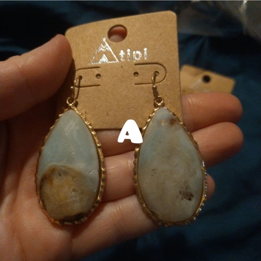 Large Chunky Gold Tone Faceted Natural Stone Earrings - Thumbnail 2