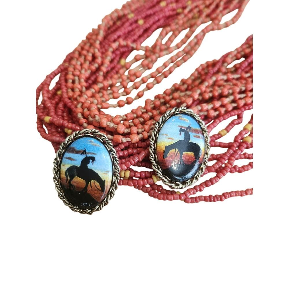 Chunky Western Horseback sunset Colorful Oval Stud Back Earrings
