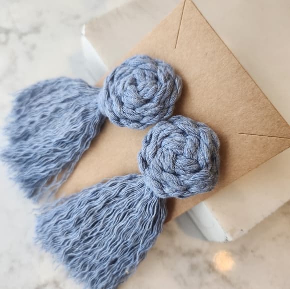 Handmade Macrame Pinwheel and Fringe Statement Tassel Earrings in Soft Blue - Thumbnail 8