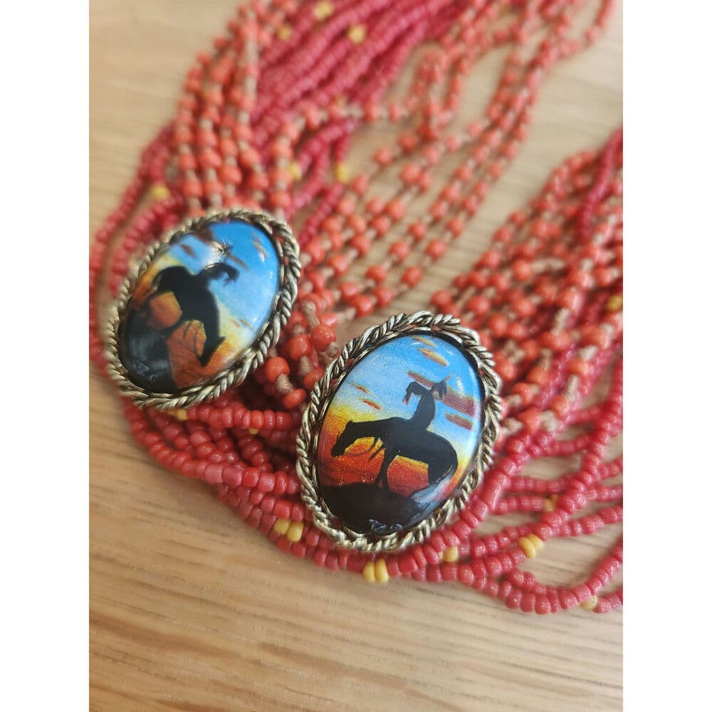 Chunky Western Horseback sunset Colorful Oval Stud Back Earrings - Thumbnail 5