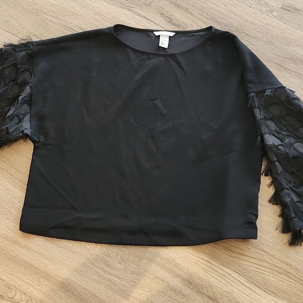 Black Fringed Sleeve Cropped Blouse by H&M
