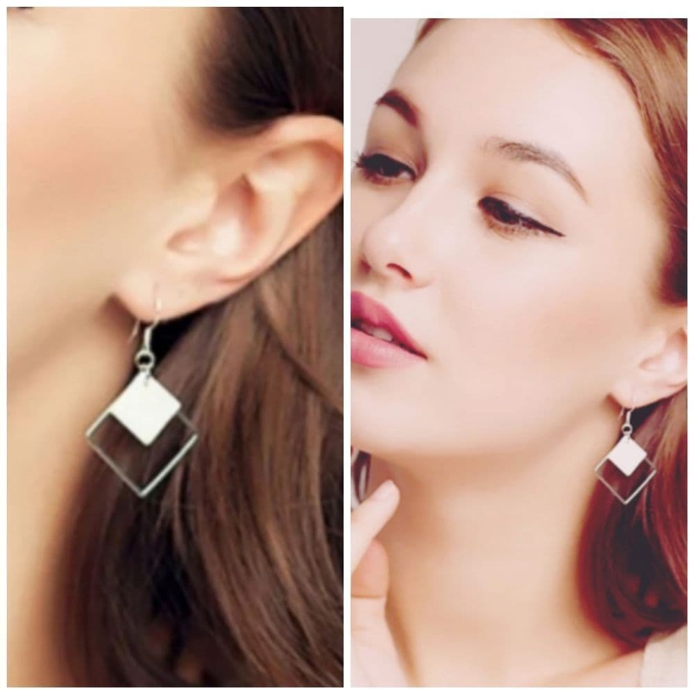 Unique Silver & Shell Double Square Drop Earrings - Thumbnail 3