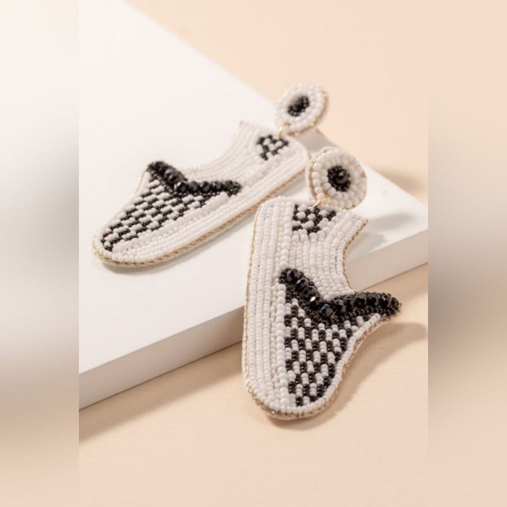 Black and White Seed Beaded Slip On Checkered Vans Shoes Earrings - Thumbnail 2