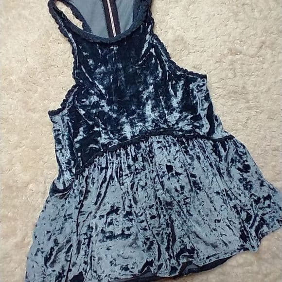 POL Crushed Velvet Blue Baby Doll Tank Top Crochet Lace Trim - Thumbnail 13